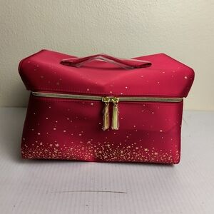Estee Lauder Holiday Train Case Red Starry Cosmetic Bag Nylon 11"x7"x7"